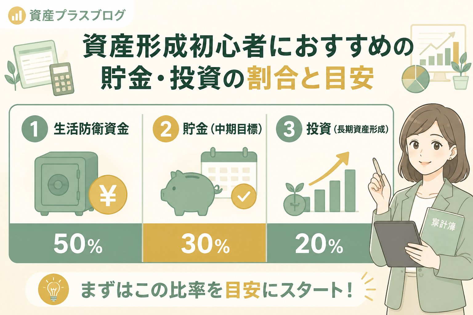 資産形成 資産形成初心者におすすめの貯金・投資の割合と目安